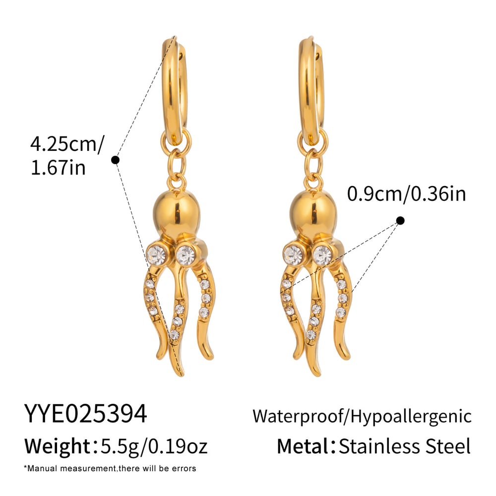1 Paar Tropfenohrringe aus Edelstahl in Oktopusform, goldfarben, Zirkonia 