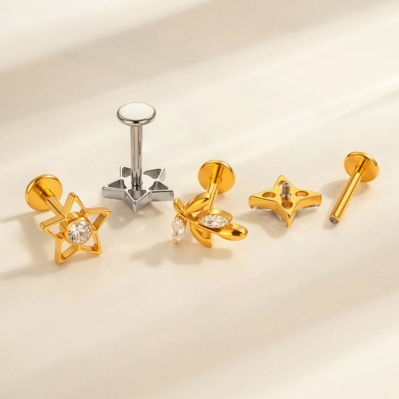 1 Piece Shining Bow Knot Star Fish Titanium Alloy Gold Color Zircon Women's Piercing Earrings Picture3