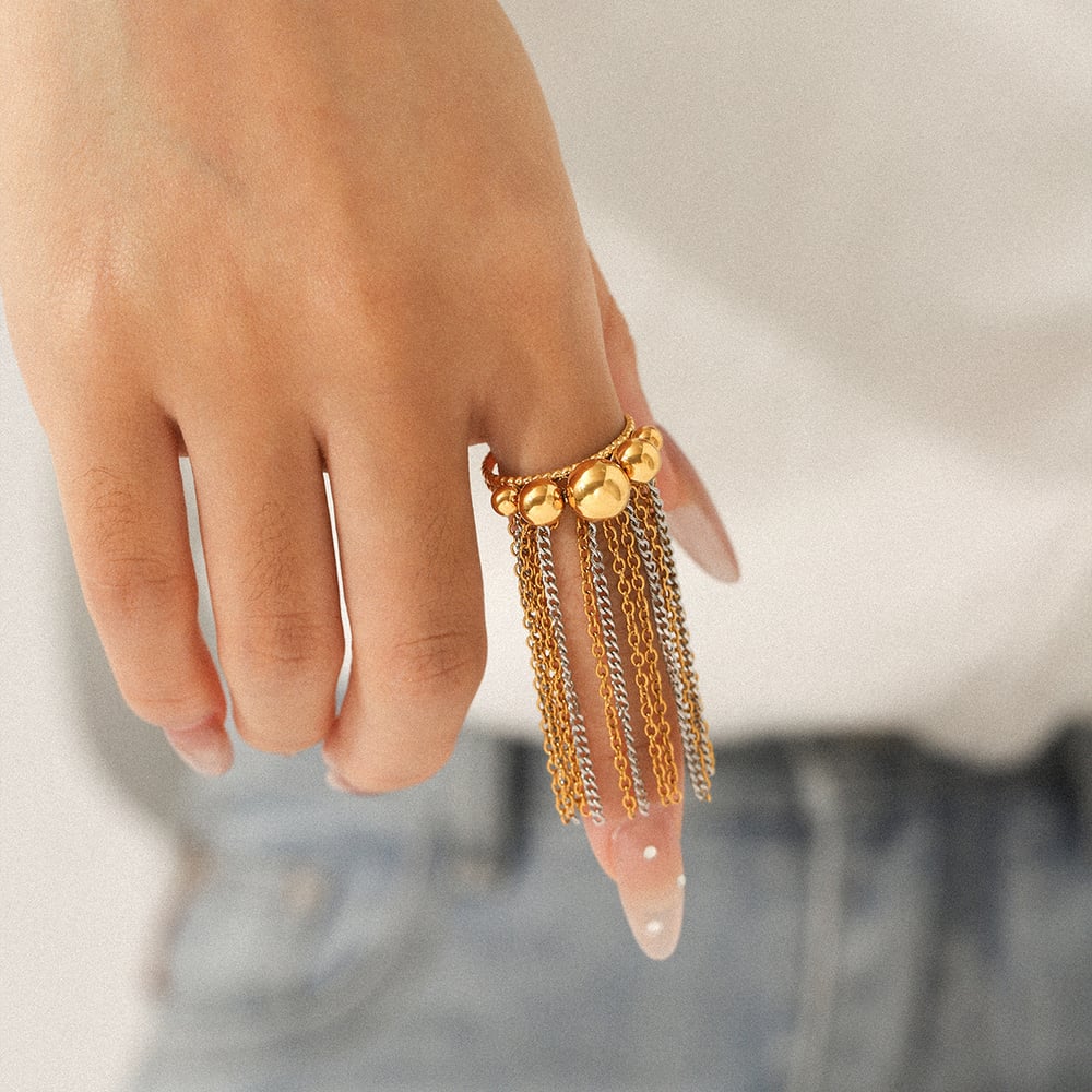 1 Piece Tassel Stainless Steel  Gold Color Zircon Statement Ring h5Picture5