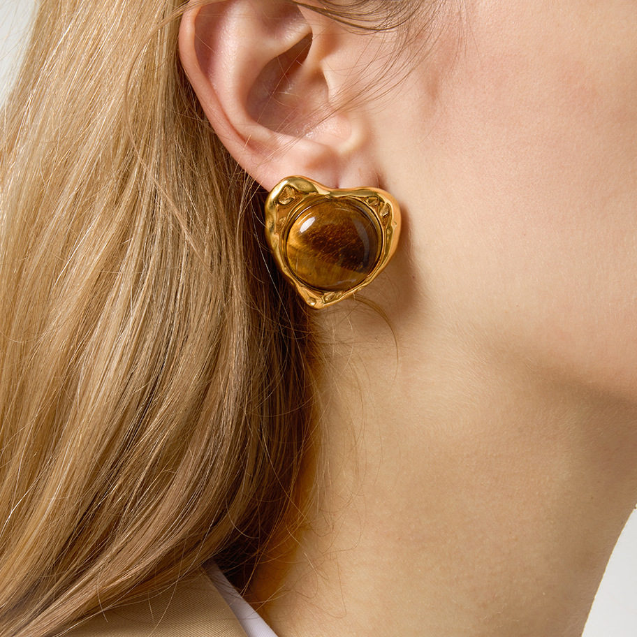 Classic Heart Stainless Steel Gold Color Natural Stone Women's Jewelry Sets h5Picture4