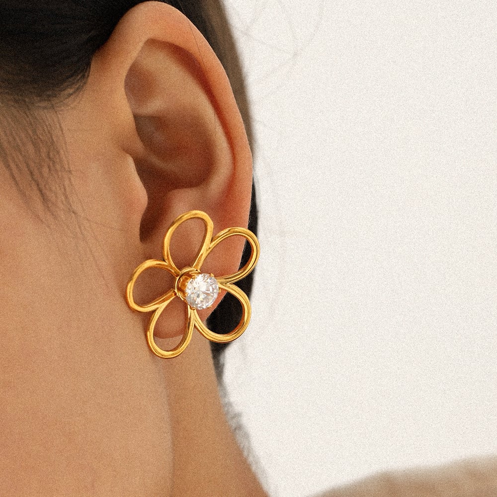 1 Pair Flower Stainless Steel Gold Color Zircon Stud Earrings Picture3
