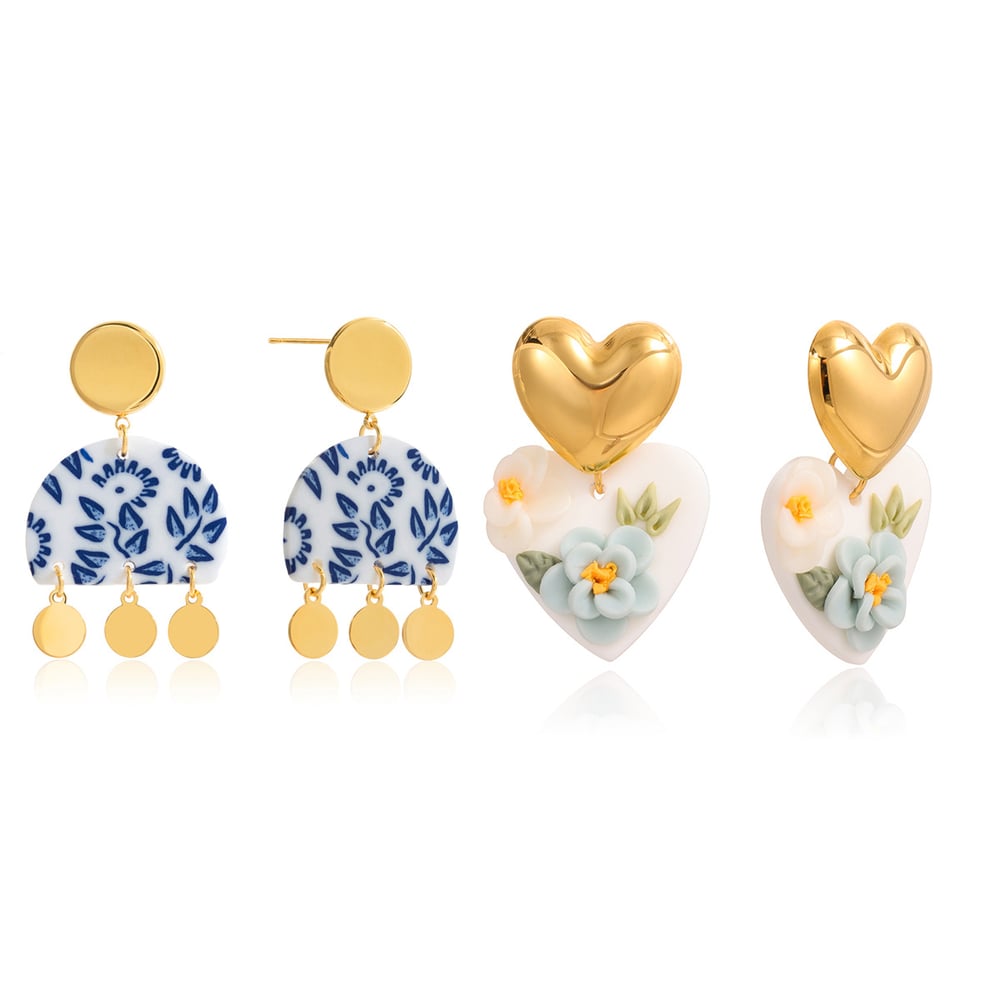 1 Pair Gorgeous Flower Heart Polymer Clay Gold Color Women's Drop Earrings Picture7
