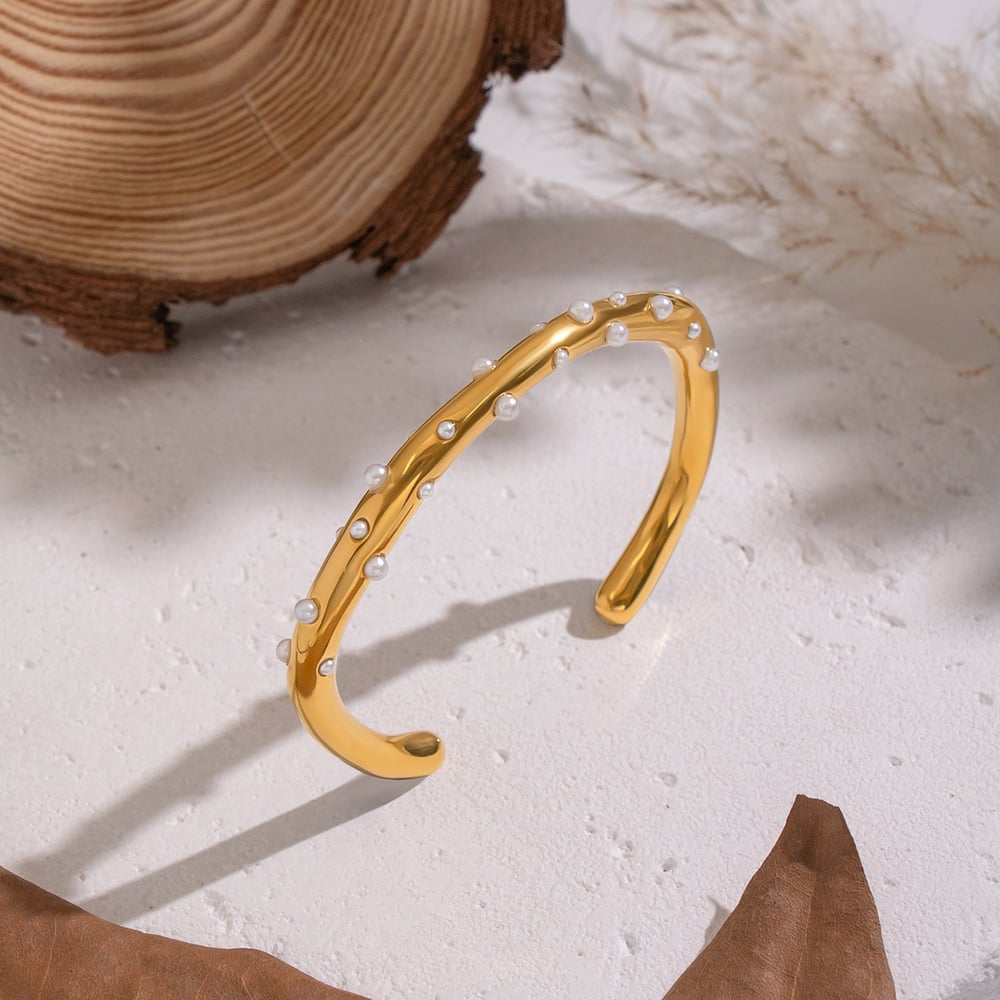 Bracelet manchette en acier inoxydable doré avec perle (1 pièce) Image4