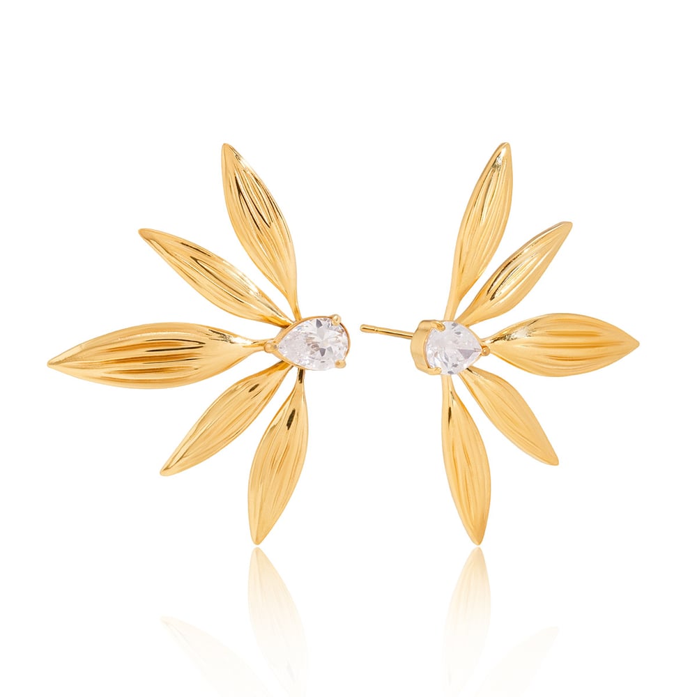 1 Pair Elegant Leaves Stainless Steel Gold Color Zircon Women's Stud Earrings