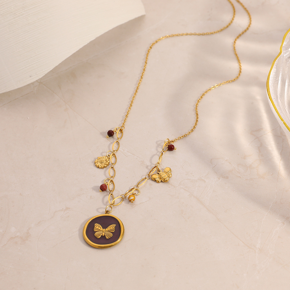Collier avec pendentif en forme de papillon et de fleur en acier inoxydable pour femme, 1 pièce h5Image4