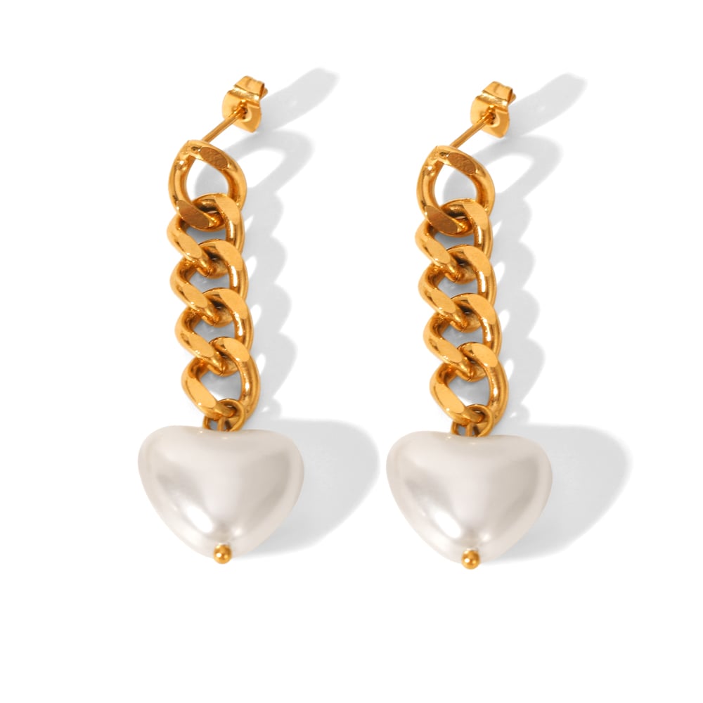1 Pair Chain Stainless Steel Gold Color Heart Pearl Dangle Earrings
