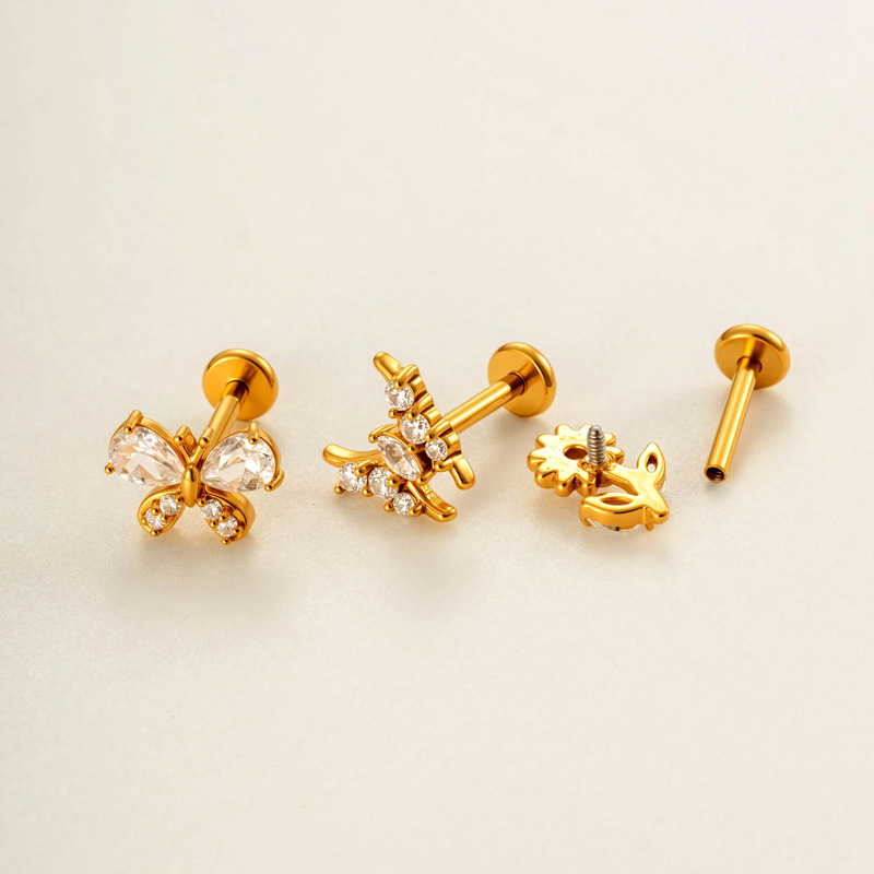1 Piece Flower Butterfly Stainless Steel Gold Color Zircon Women's Piercing Earrings Picture4