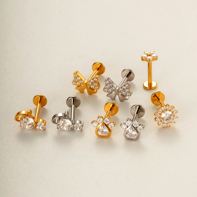 1 Piece Bow Knot Titanium Alloy Gold Color Zircon Women's Piercing Earrings Picture4