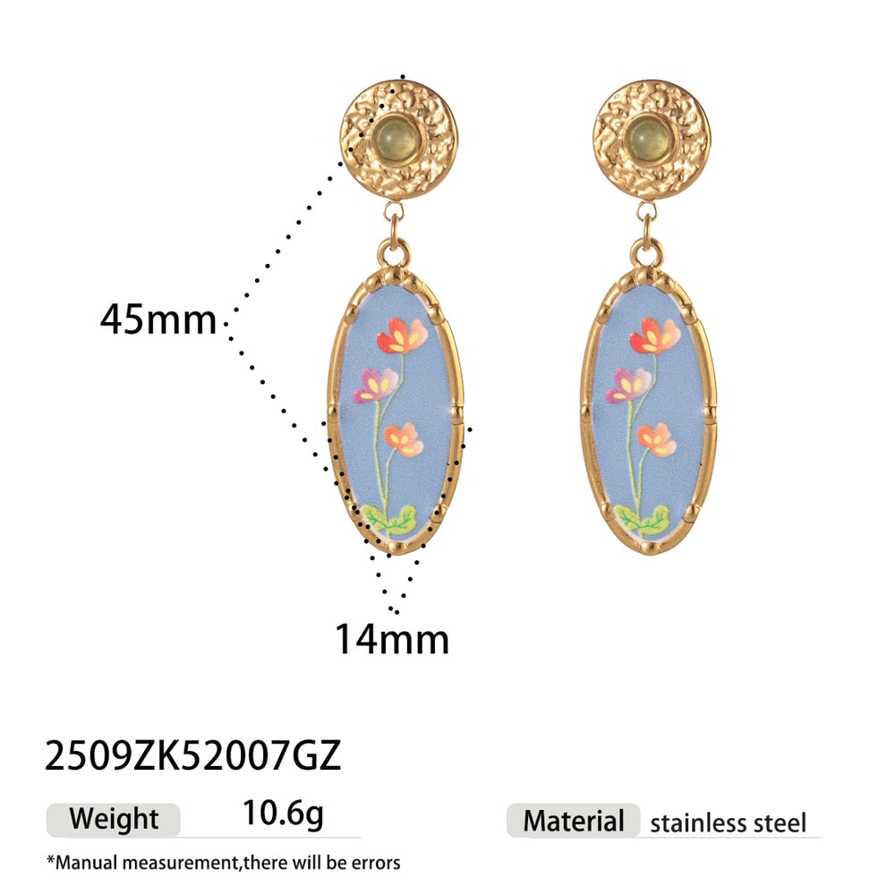 1 Pair Romantic Enamel Flower Stainless Steel  Gold Color Natural Stone Drop Earrings