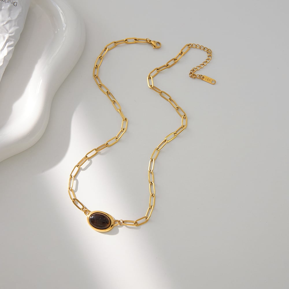 1 Piece Retro Oval Natural Stone Stainless Steel Gold Color Women's Pendant Necklaces Picture5
