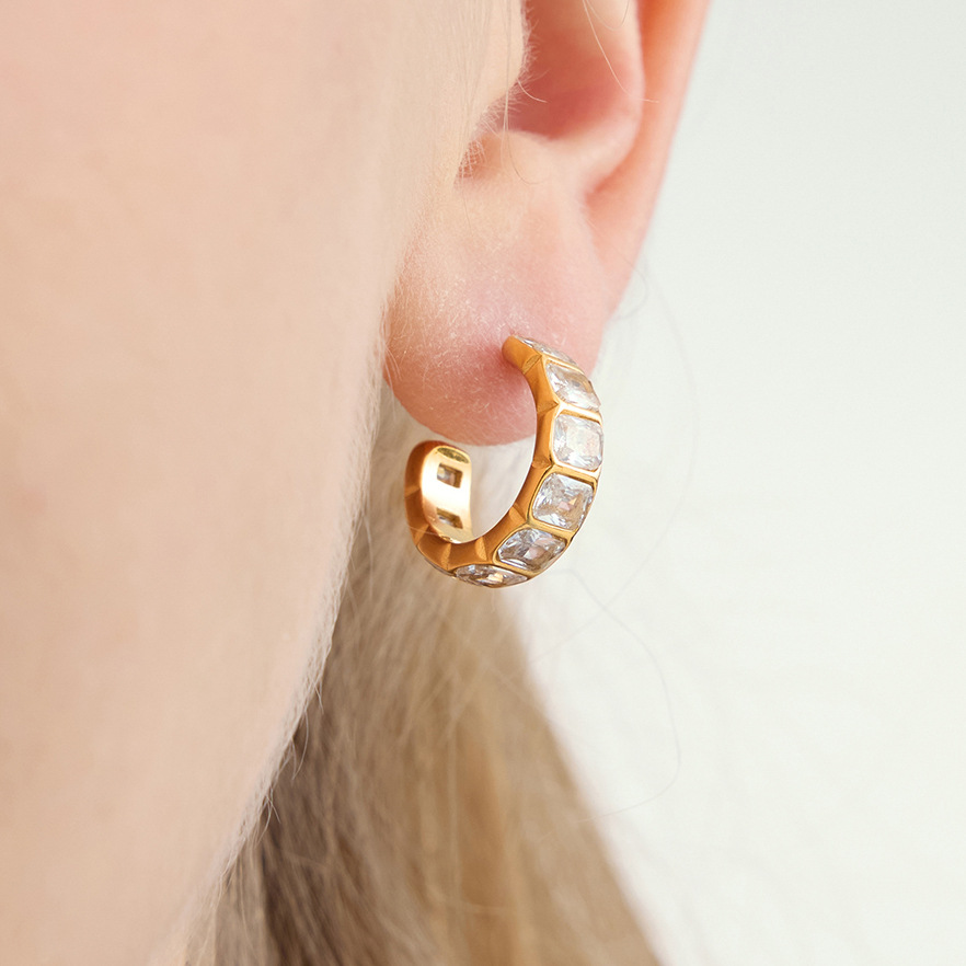 1 Pair Luxurious Circle Stainless Steel Gold Color Zircon Women's Hoop Earrings h5Picture3