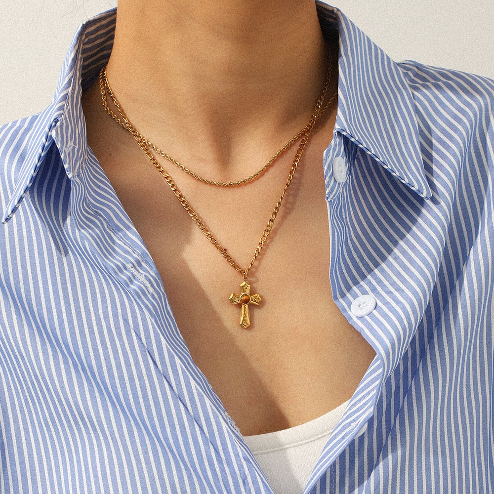 1 Piece Cross Stainless Steel Gold Color Zircon Pendant Necklace h5Picture4