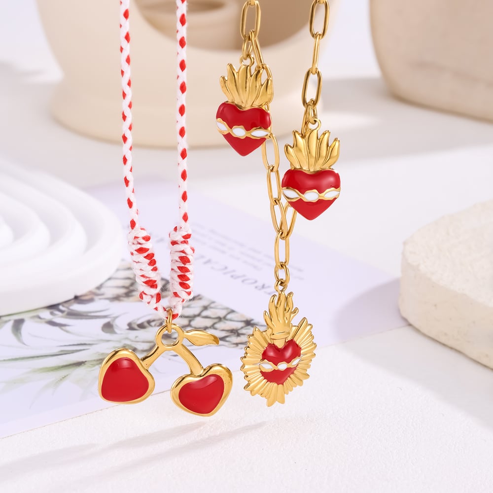1 collar colgante lujoso de acero inoxidable con cereza roja para mujer h5Imagen4