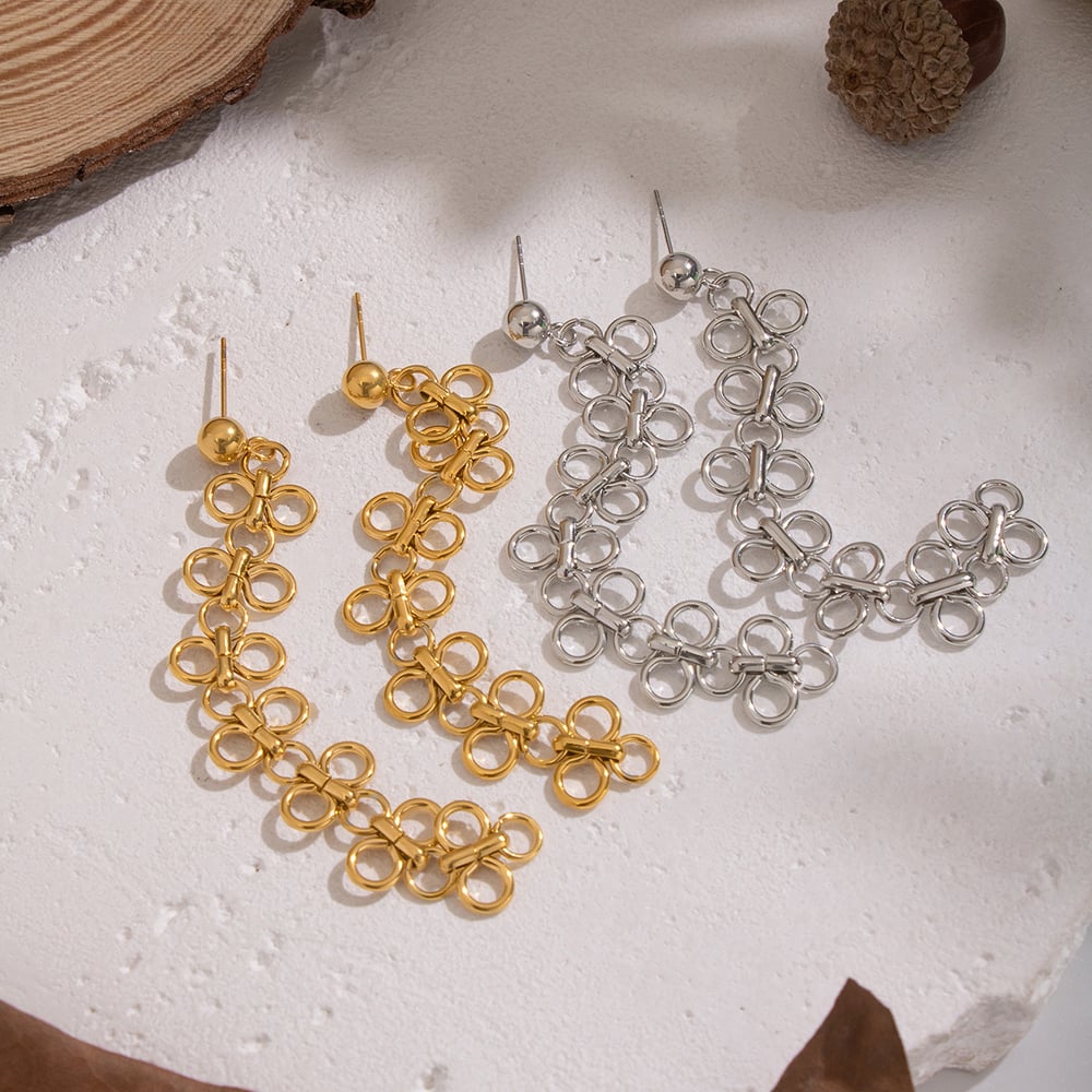 1 paire de boucles d'oreilles pendantes romantiques en acier inoxydable couleur or avec motif de fleurs h5Image2