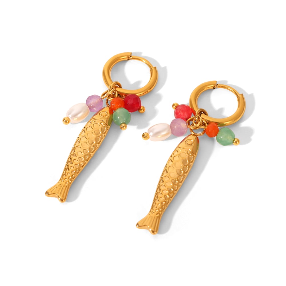 1 Pair Fish Shape Stainless Steel Gold Color Drop Earrings