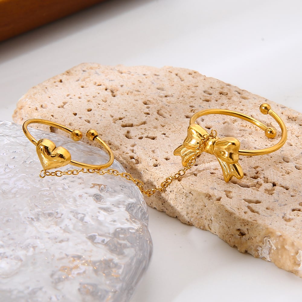 1 Set Romantic  Sweet Heart Bow Knot Chain Stainless Steel Women‘s  Statement Rings h5Picture5