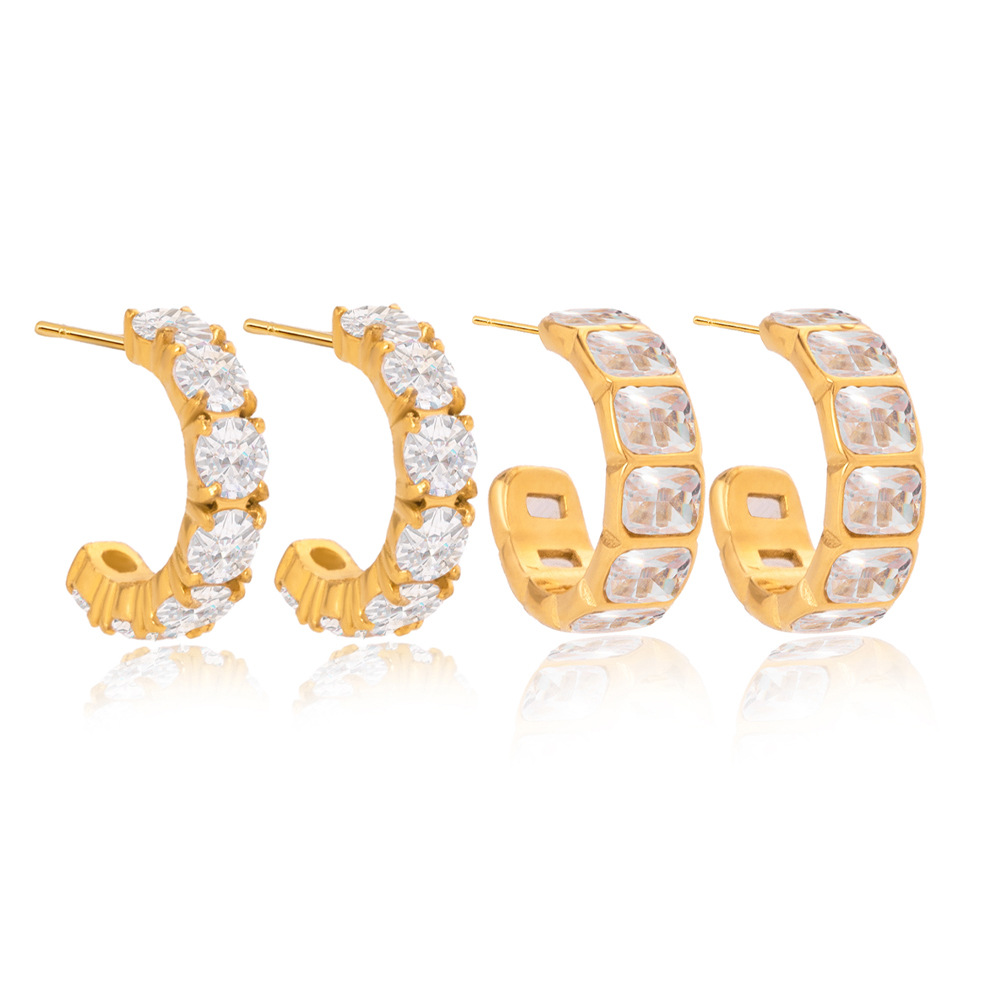 1 Pair Luxurious Circle Stainless Steel Gold Color Zircon Women's Hoop Earrings h5Picture7