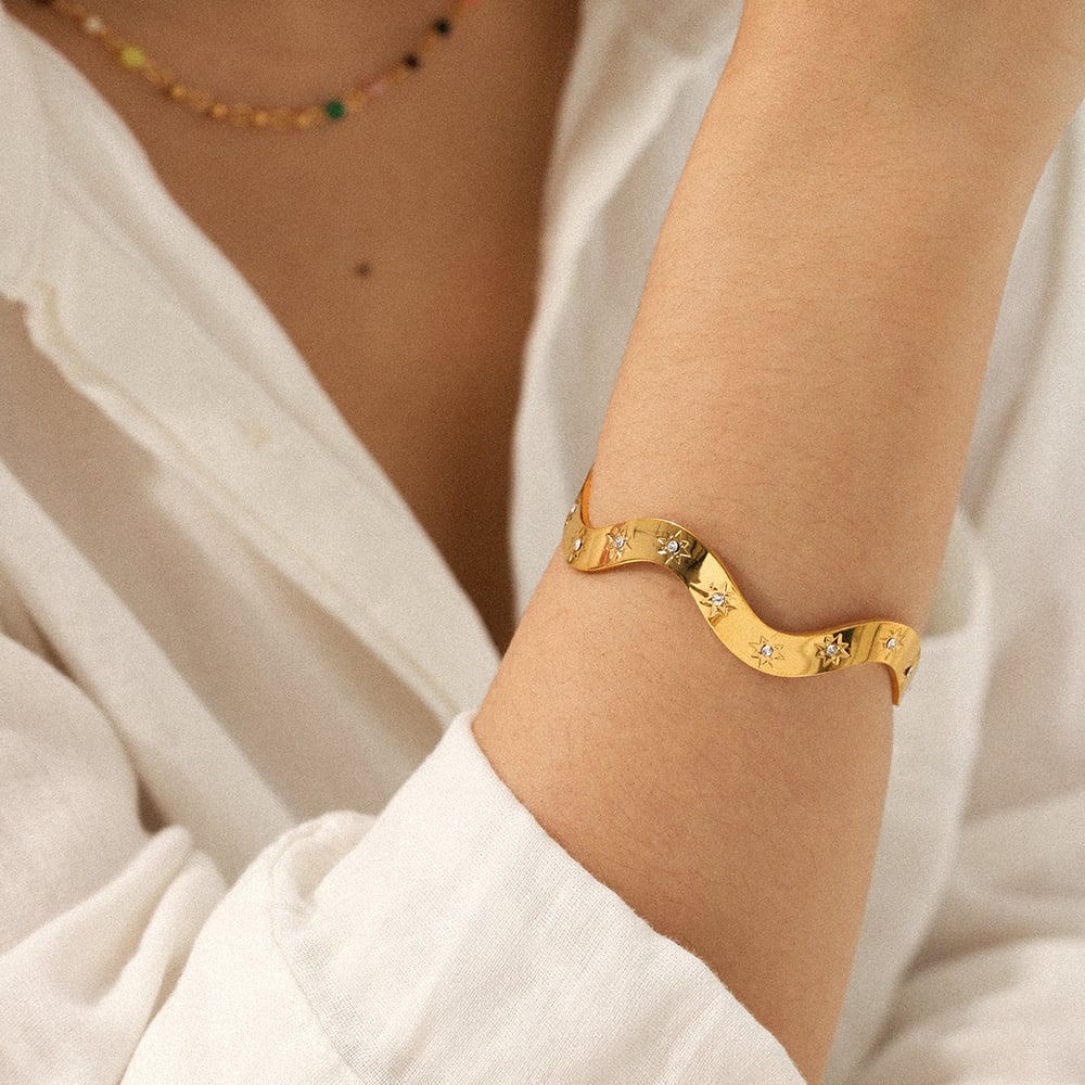 1 Piece Irregular Shape Star Stainless Steel Gold Color Zircon Cuff Bracelet Picture4