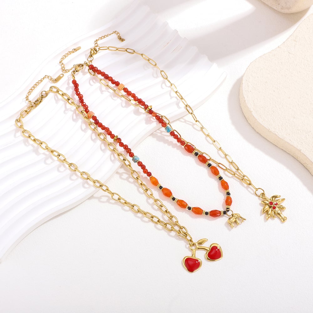 Collar con colgante de acero inoxidable con forma de corazón y cereza de piedra natural para mujer, serie roja, 1 unidad h5Imagen4