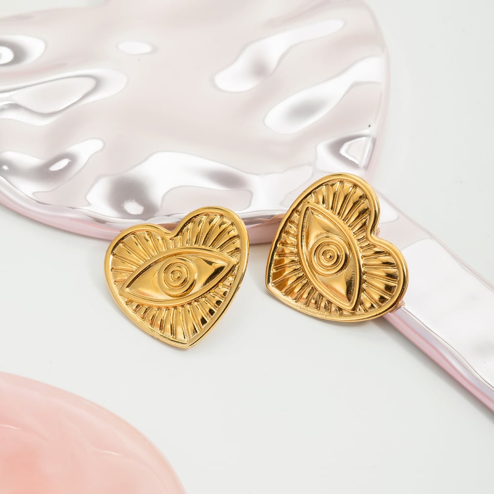 1 Pair Vogue Heart&Eye Stainless Steel Gold Color Women's Stud Earrings Picture4