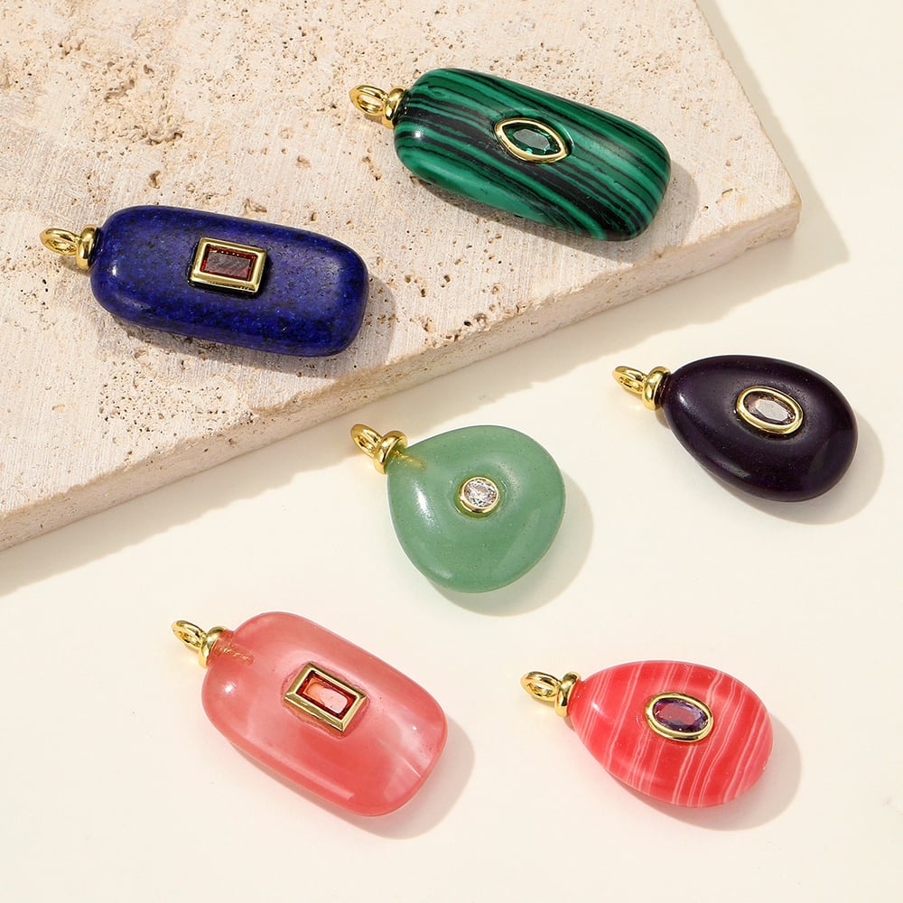 1 Piece Retro Rectangle Copper Natural Stone Zircon Women's Pendants h5Picture4