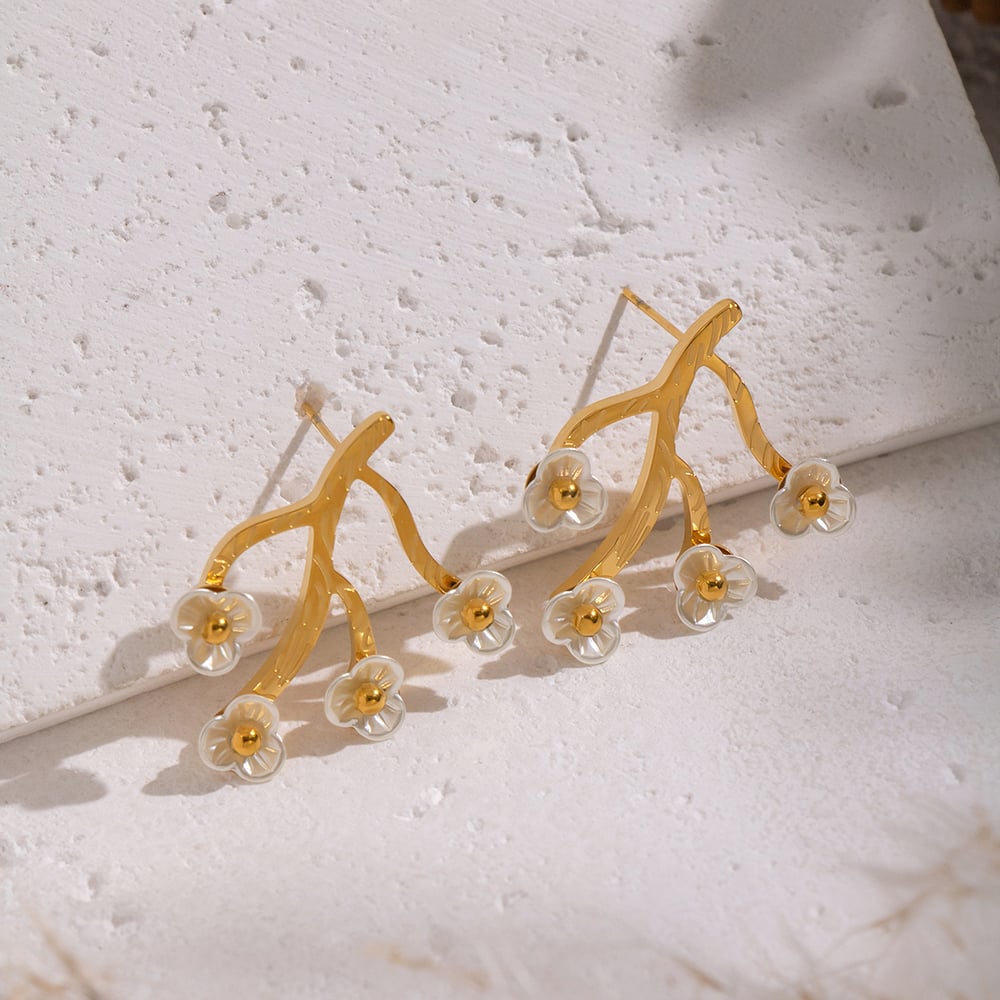 1 paire de boucles d&#39;oreilles à clous romantiques en acier inoxydable doré et coquillage, motif floral Image3