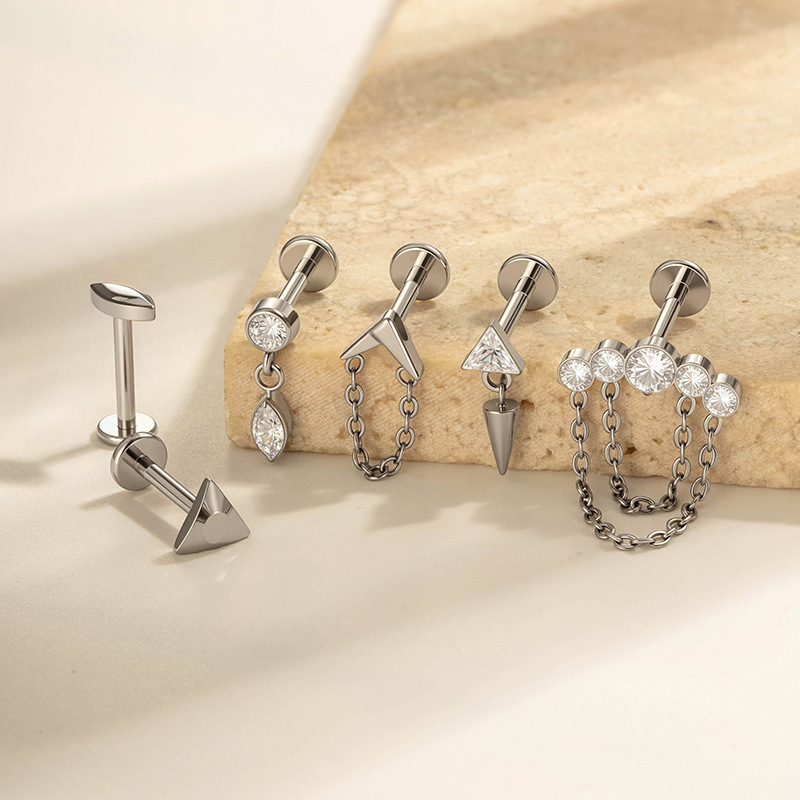 1 Piece Minimalist Triangle Titanium Alloy Gold Color Zircon Women's Piercing Earrings Picture3