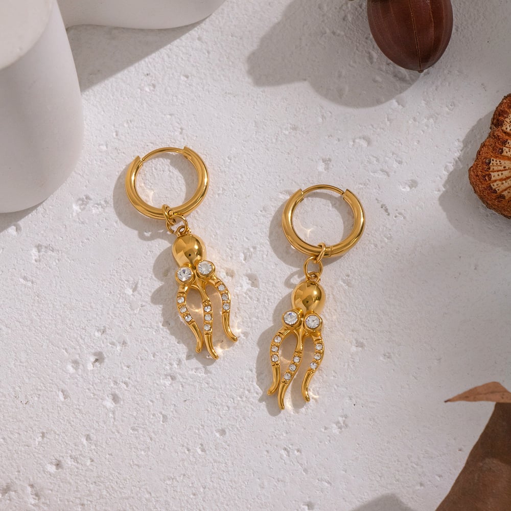 1 Paar Tropfenohrringe aus Edelstahl in Oktopusform, goldfarben, Zirkonia Bild3