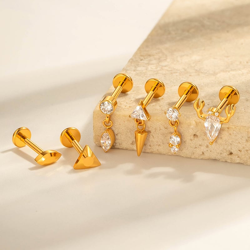 1 Piece Minimalist Triangle Titanium Alloy Gold Color Zircon Women's Piercing Earrings Picture6