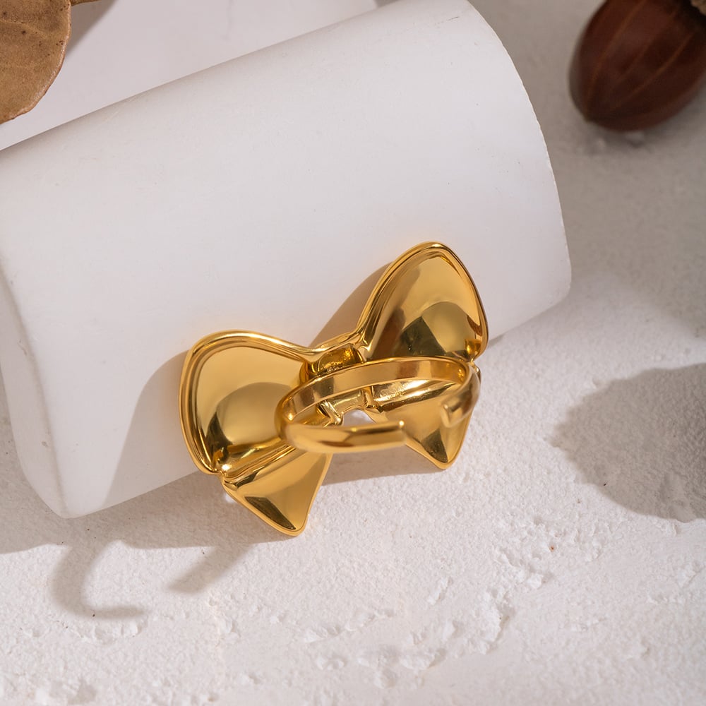 1 Piece Sweet Bow Knot Stainless Steel Gold Color Statement Ring Picture2