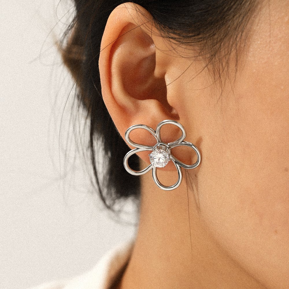 1 Pair Flower Stainless Steel Gold Color Zircon Stud Earrings Picture4