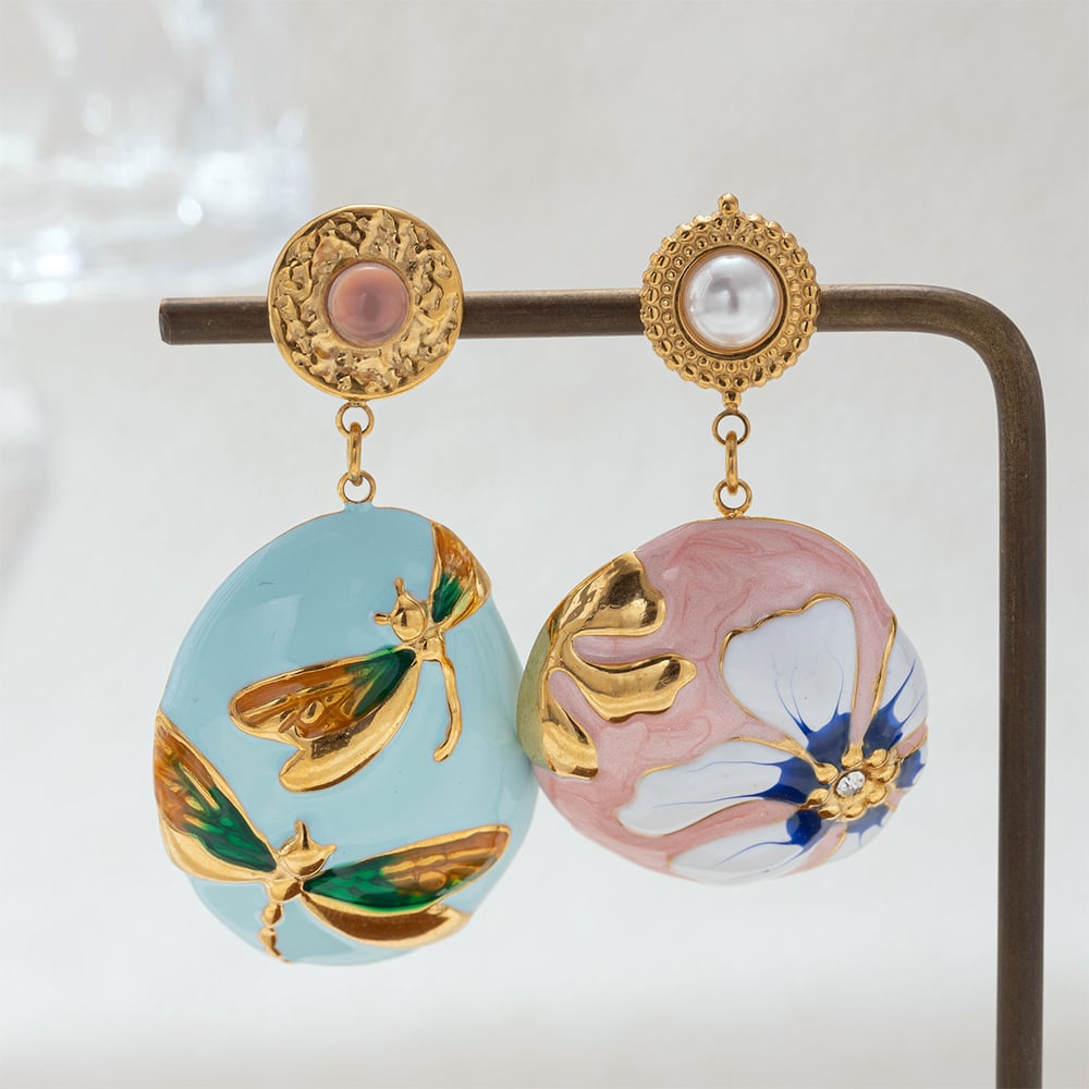 1 Pair Romantic Enamel Flower Stainless Steel  Gold Color Drop Earrings h5Picture4
