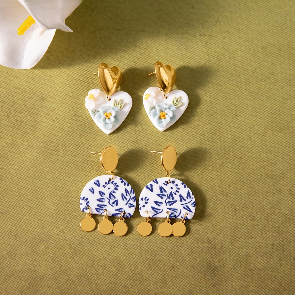 1 Pair Gorgeous Flower Heart Polymer Clay Gold Color Women's Drop Earrings Picture5