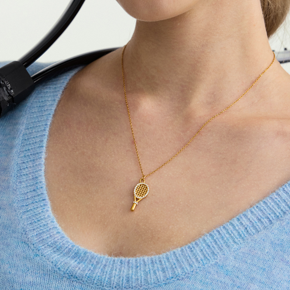 1 Piece Tennis Racket Stainless Steel Gold Color Zircon Women's Pendant Necklaces Picture4