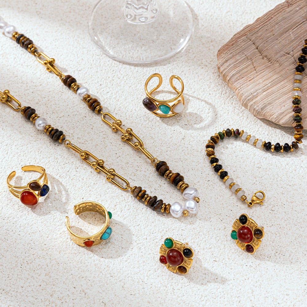 Halsketten-Set mit Anhänger aus Natursteinperlen und Edelstahl h5Bild2