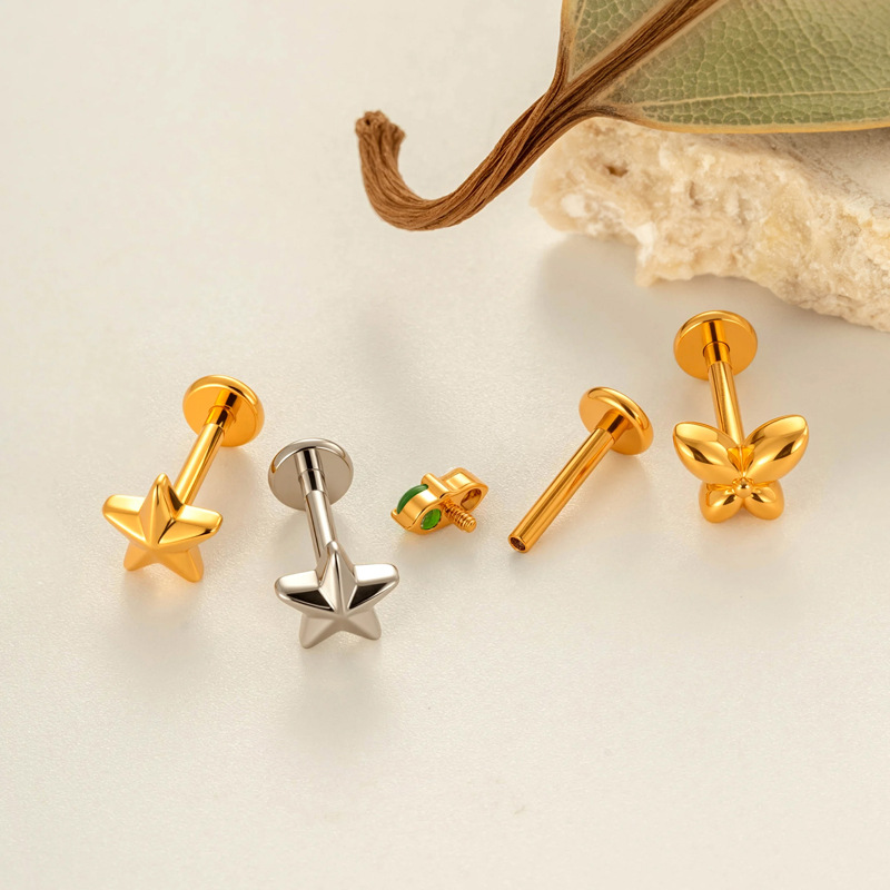 1 Piece Minimalist Star Rectangle Titanium Alloy Gold Color  Zircon Women's Piercing Earrings Picture4