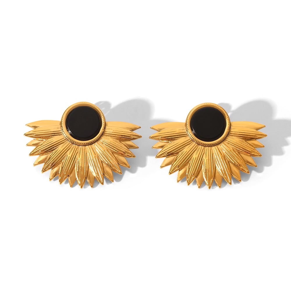 1 Pair Retro Leaf Stainless Steel Gold Color Natural Stone Stud Earrings