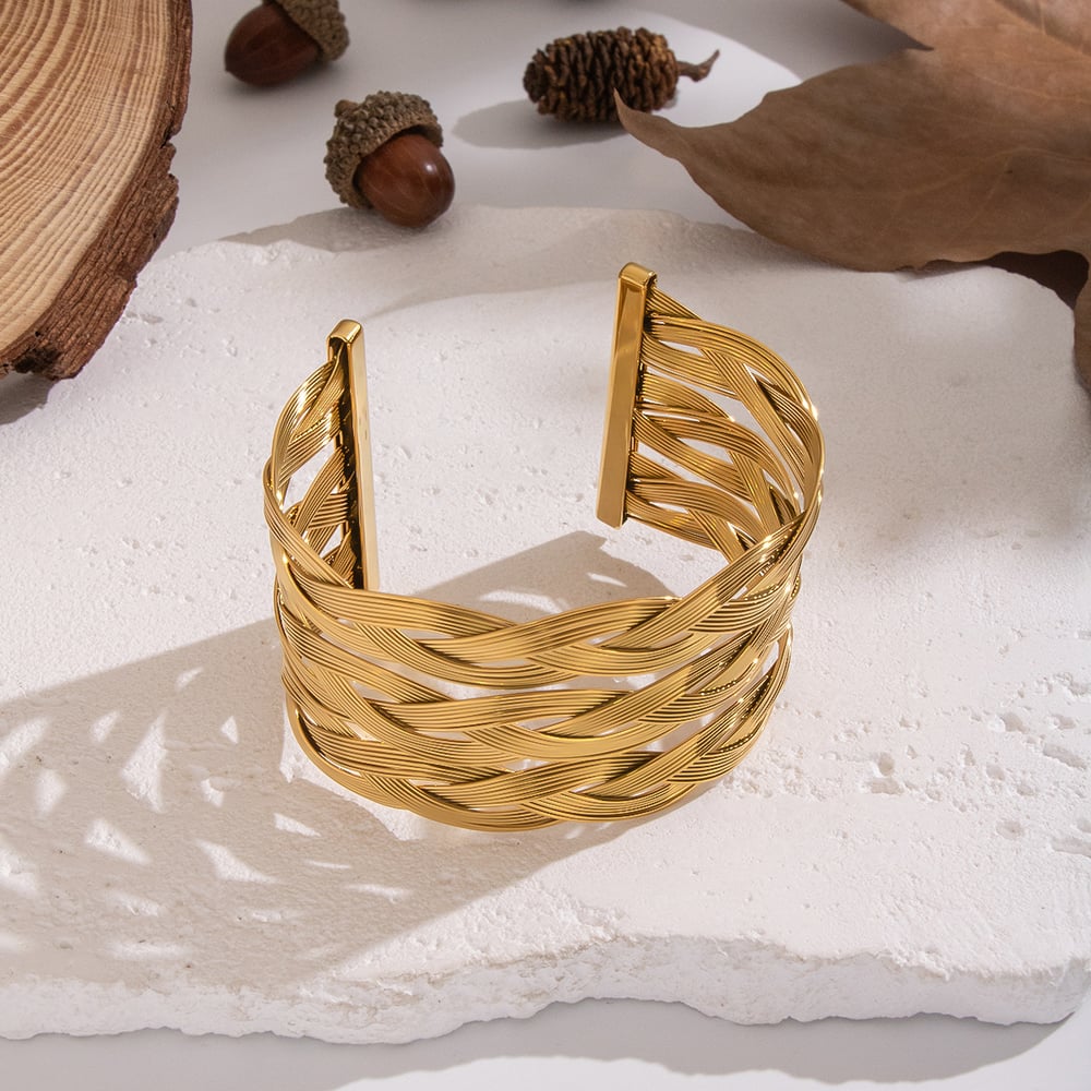 Bracelet manchette en acier inoxydable doré, magnifique, ajouré (1 pièce). Image3