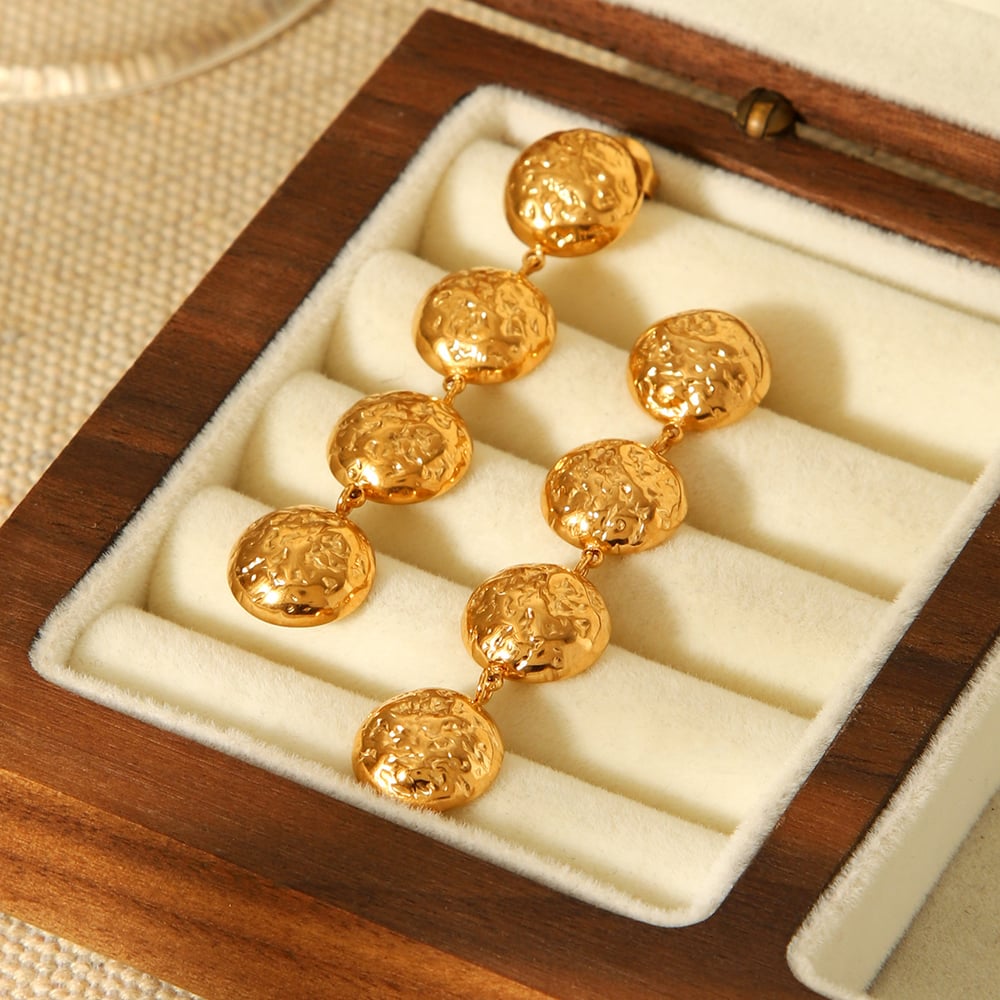 1 Pair Hammer Pattern Spherical Tassel Stainless Steel Gold Color Dangle Earrings Picture4