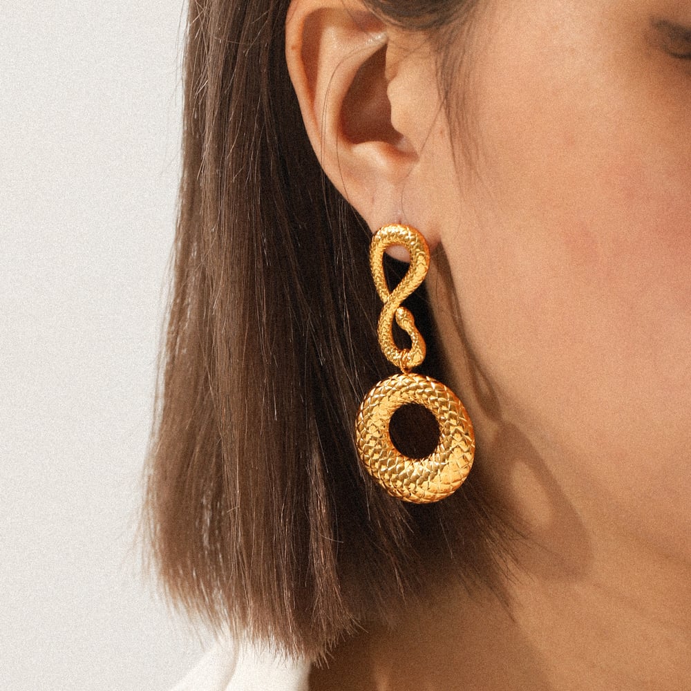 1 Pair Snakeskin Pattern Stainless Steel Gold Color Dangle Earrings h5Picture3