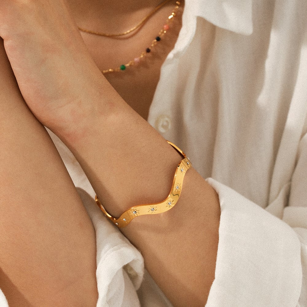 1 Piece Irregular Shape Star Stainless Steel Gold Color Zircon Cuff Bracelet Picture3