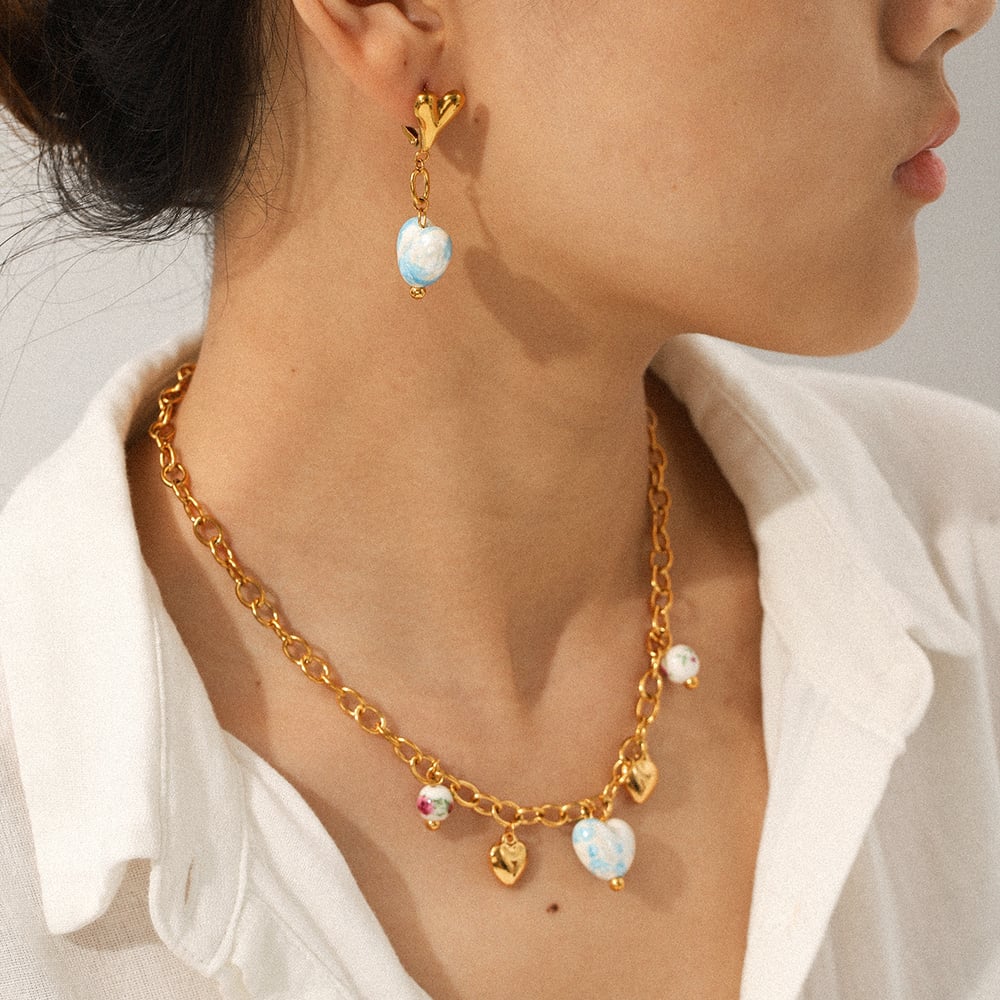 1 Piece Ceramic Heart Stainless Steel Gold Color Pendant Necklace h5Picture3