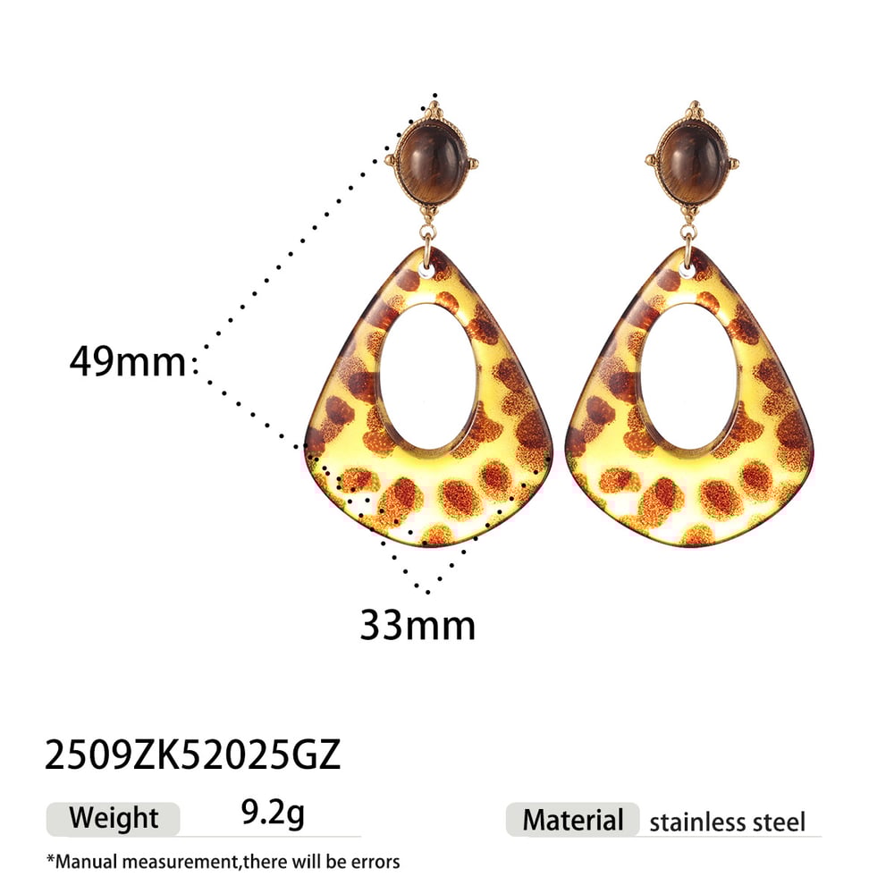1 Pair Retro Enamel Flower Stainless Steel  Gold Color  Natural Stone Drop Earrings