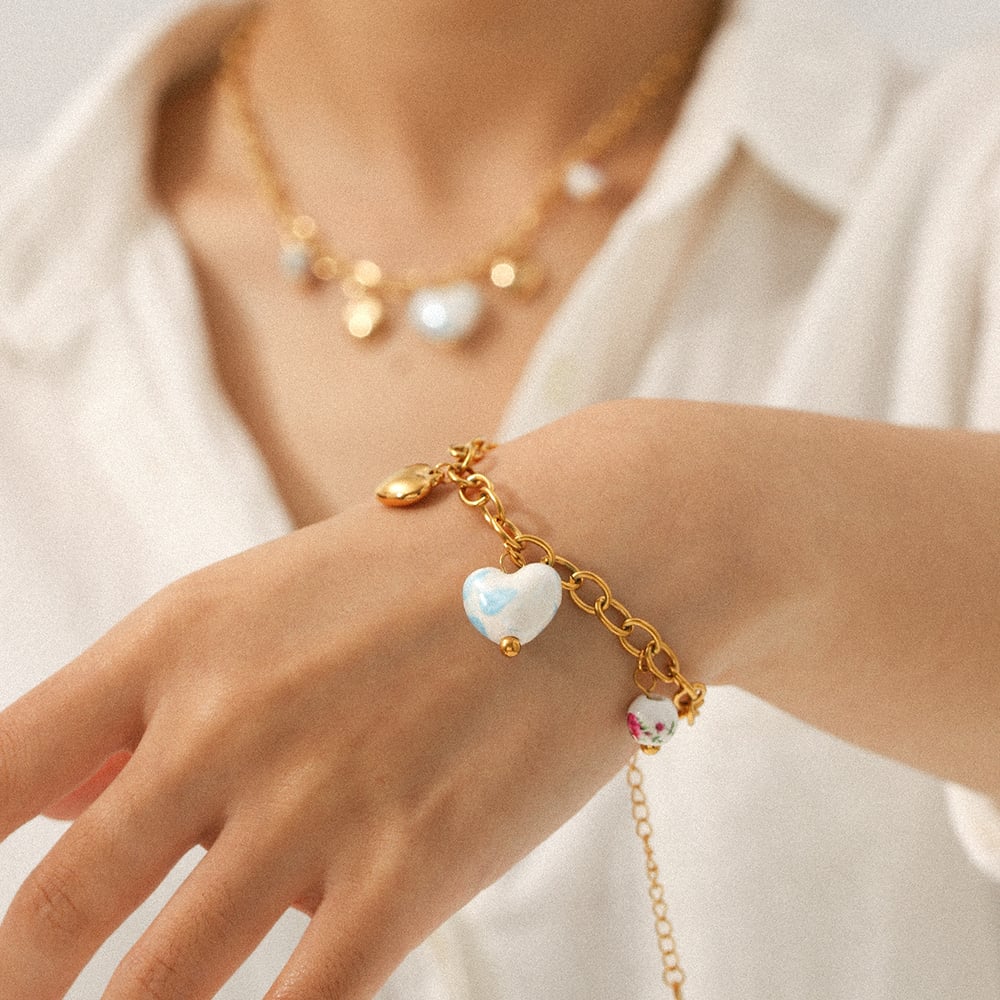 1 Piece Ceramic Heart Stainless Steel Gold Color Pendant Necklace h5Picture4