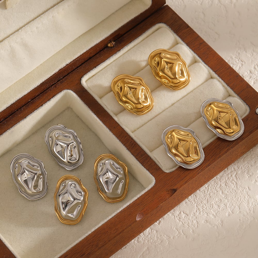 1 Piece Retro Stainless Steel Hammer Pattern Gold Color Stud Earrings Picture2