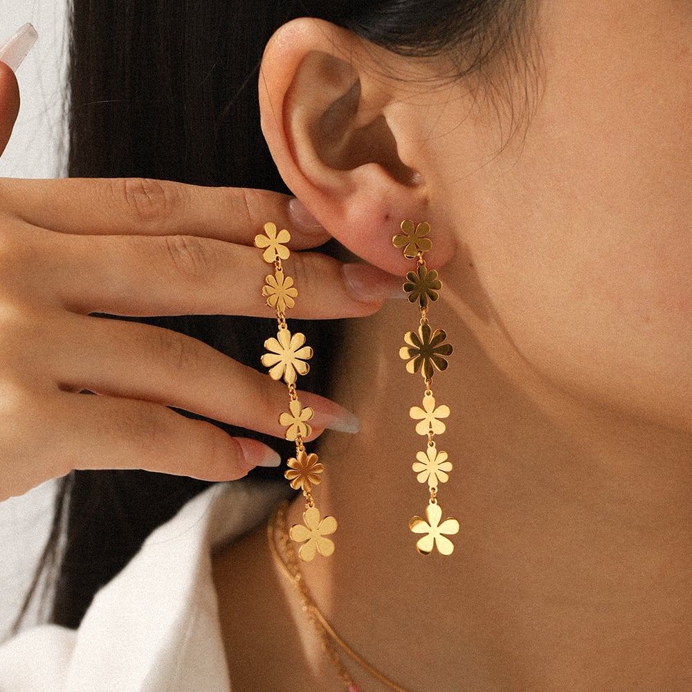 1 Pair Flower Stainless Steel Gold Color Dangle Earrings h5Picture5