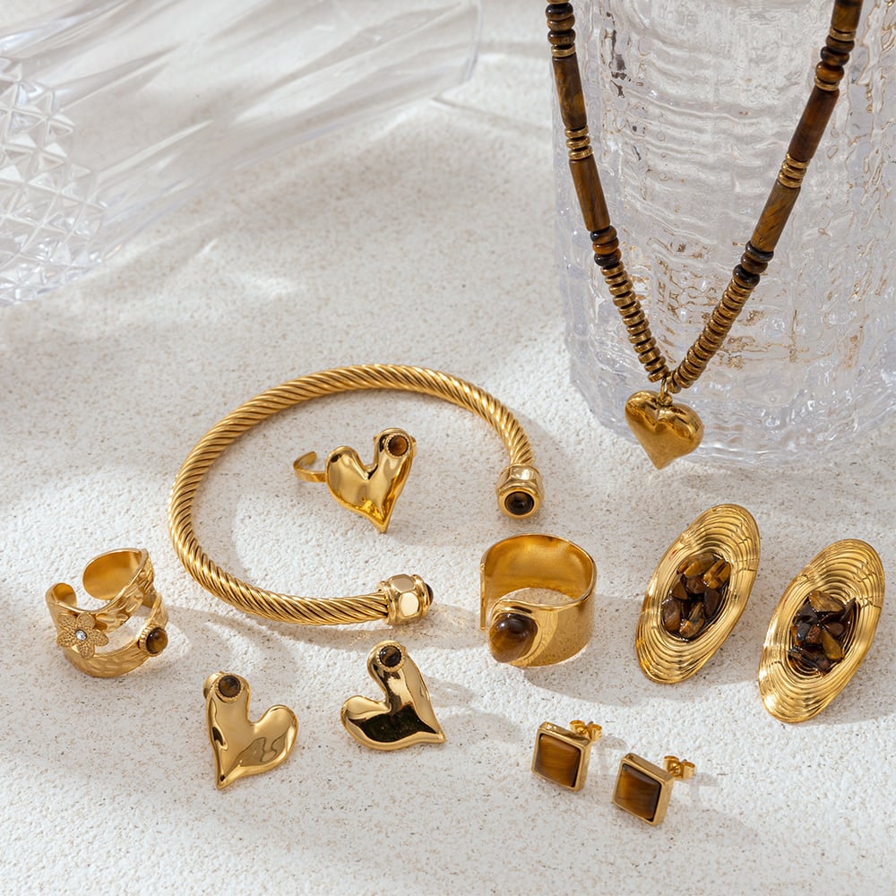 Natursteinperlen Herz Edelstahl Anhänger Halsketten Set Bild2