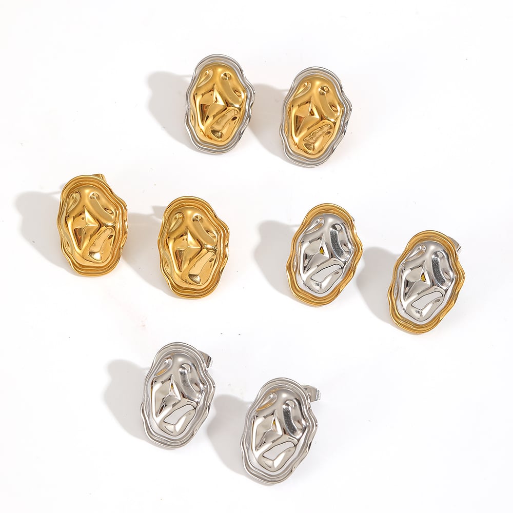 1 Piece Retro Stainless Steel Hammer Pattern Gold Color Stud Earrings Picture4