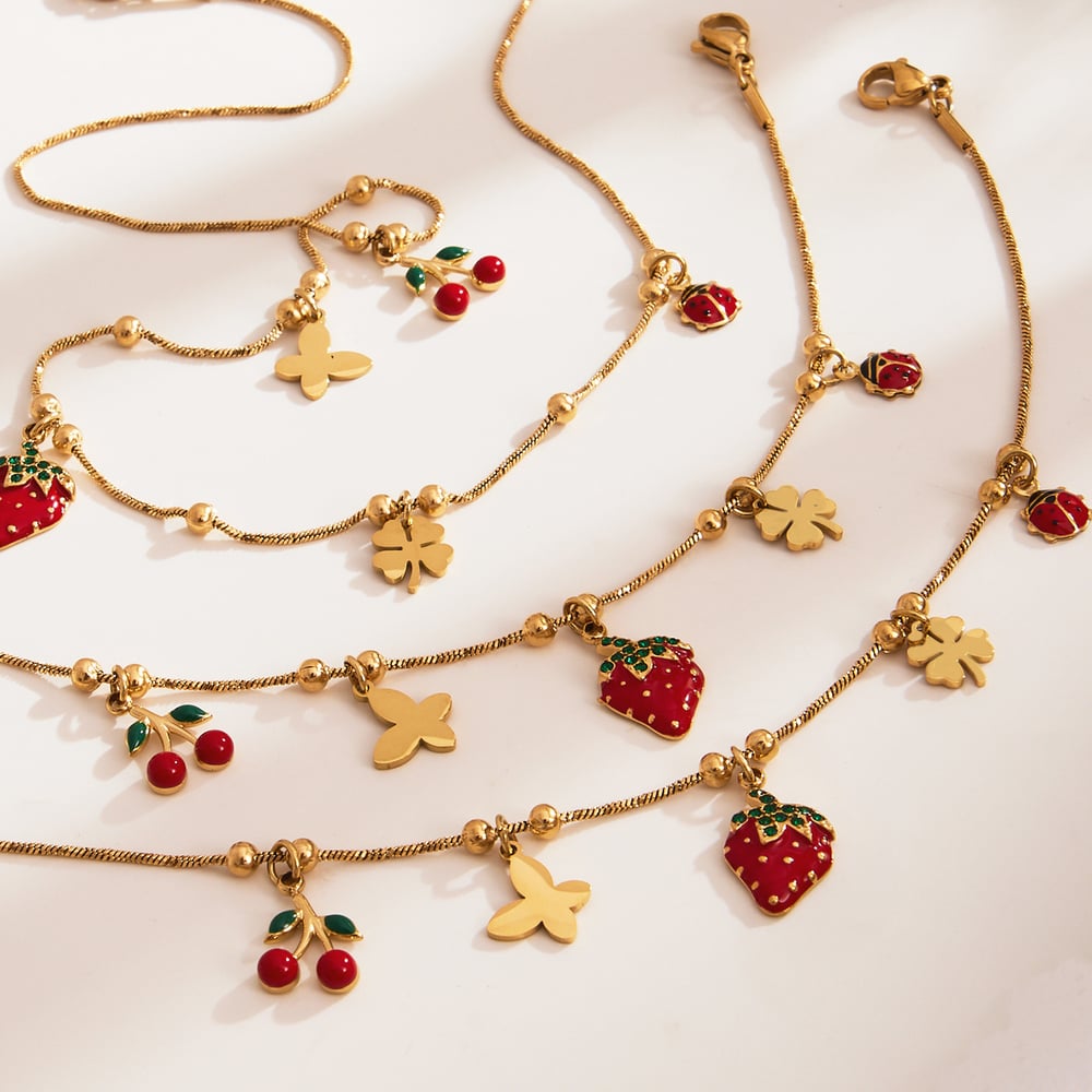 Vivid Strawberry Stainless Steel Gold Color Zircon Women's Jewelry Sets Picture3