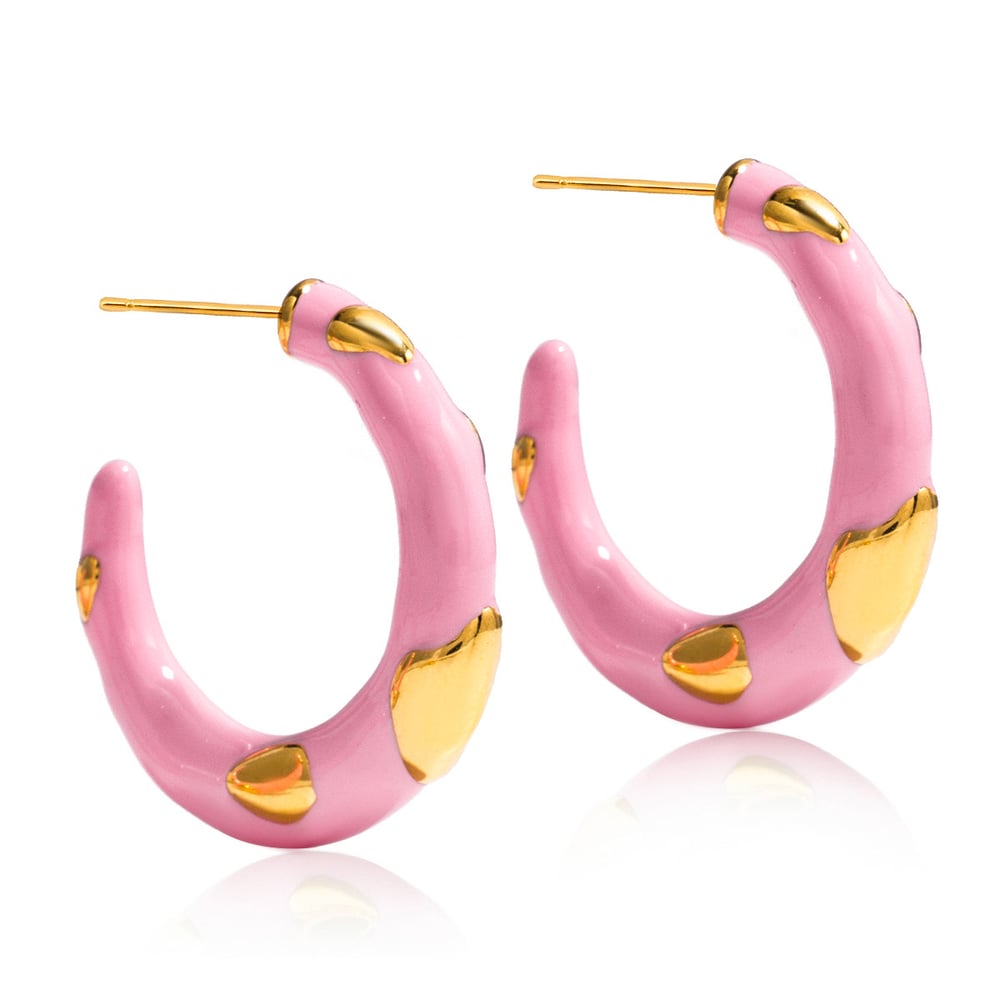 1 Pair Pink Circle Stainless Steel Gold Color Women's Hoop Earrings 